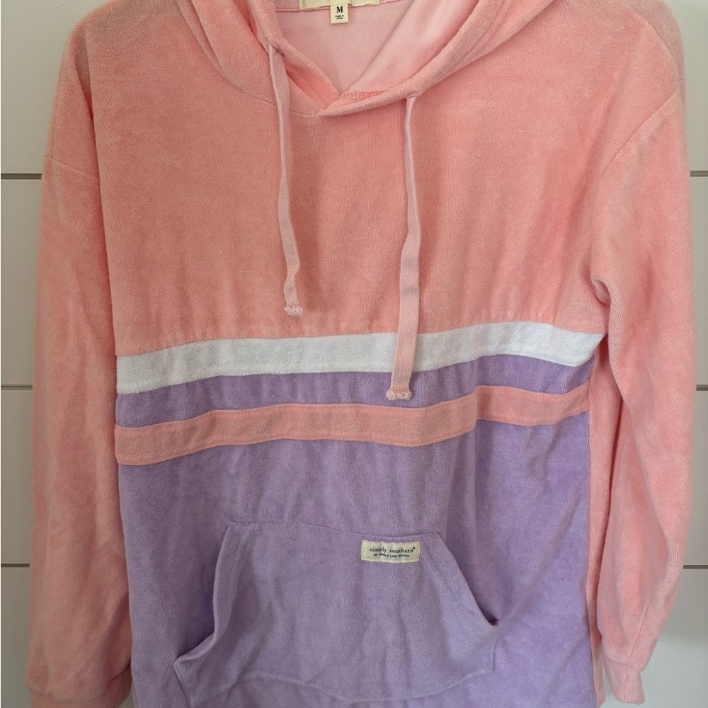 Simply Southern Pastel Pink & Lavender Hooded Pullover Sweater size medium